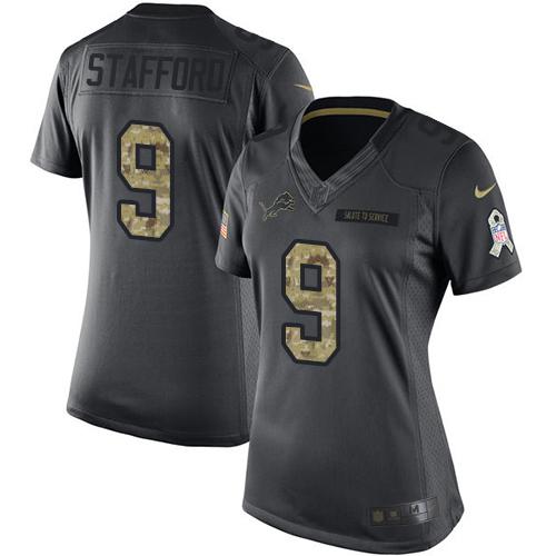 Nike Lions #9 Matthew Stafford Black Women's Stitched NFL Limited 2016 Salute to Service Jersey